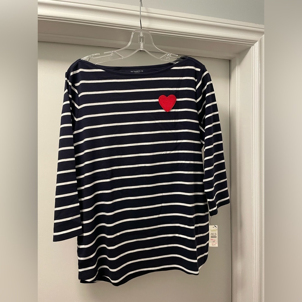The Talbots Tee - Navy White Striped w/Red Heart - 3/4 sleeve - Size 1XP - NWT